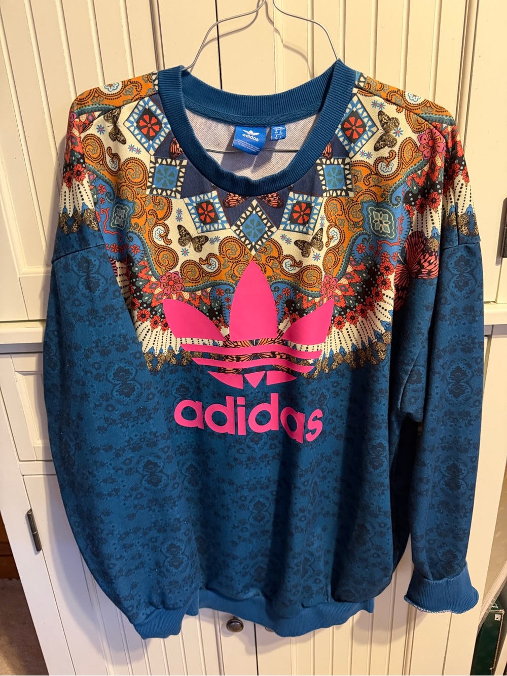 adidas Teal Blue Paisley Crewneck Sweatshirt with Pink Trefoil